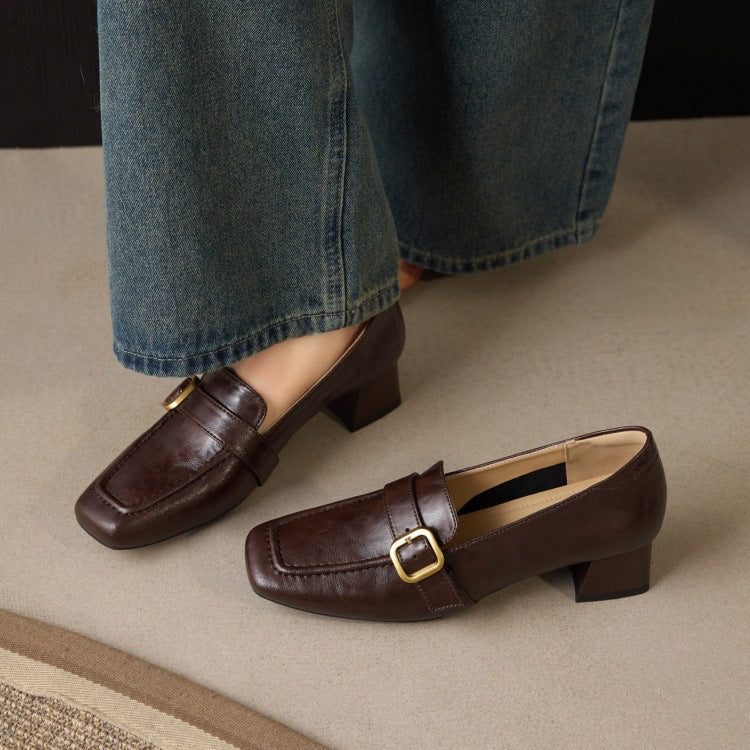 Women's Lambskin Square-Toe Slip-On Loafers with Metal Buckle — Office Shoes
