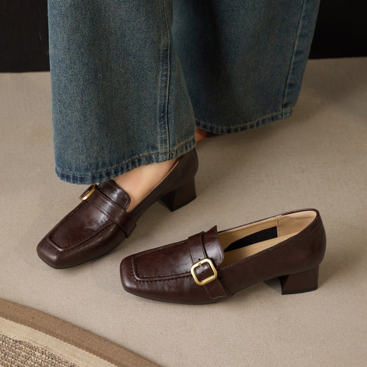 Women's Lambskin Square-Toe Slip-On Loafers with Metal Buckle — Office Shoes