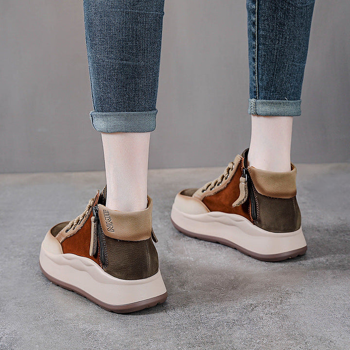 Women’s Leather Colour-Block High-Top Platform Boots – Side Zip Casual Shoes