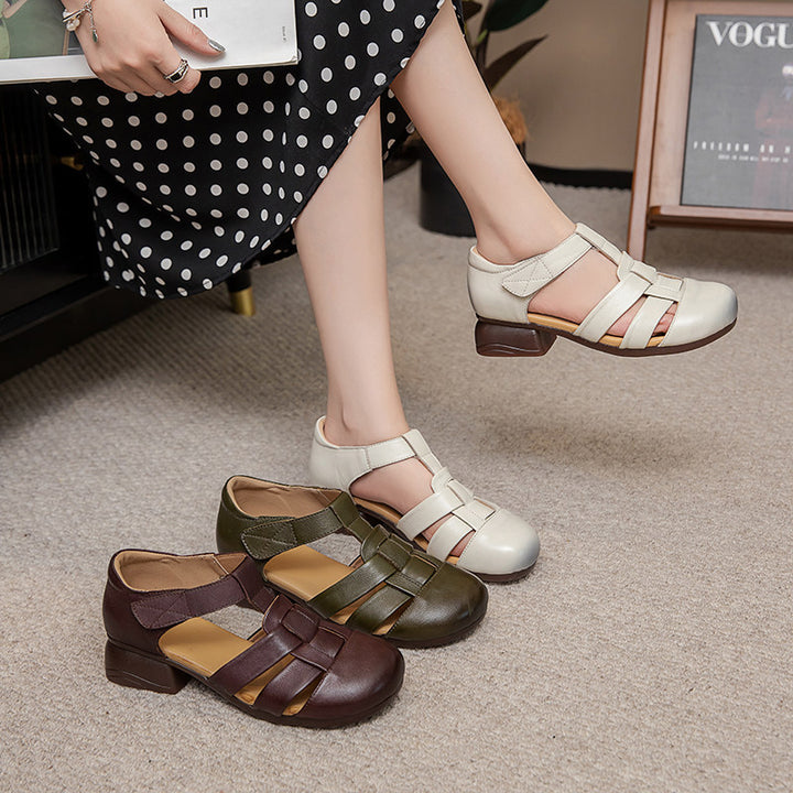 Women's Leather Fisherman Sandals - Retro Hollow Out Summer Mary Janes, Velcro Round Toe Block Heel Shoes