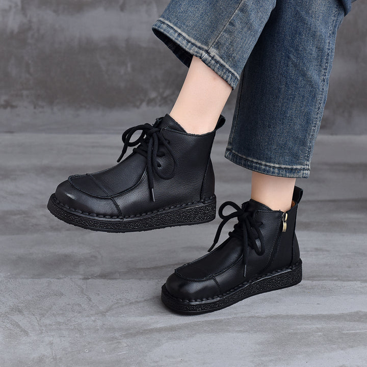 Women's Leather Flat Ankle Boots – Comfortable Casual Lace-Up Zipper Style