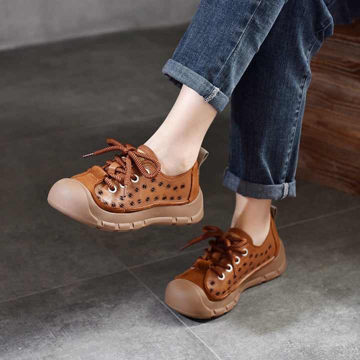 Women's Perforated Cowhide Sneakers - Unlined Summer Leisure Shoes - Thick Sole