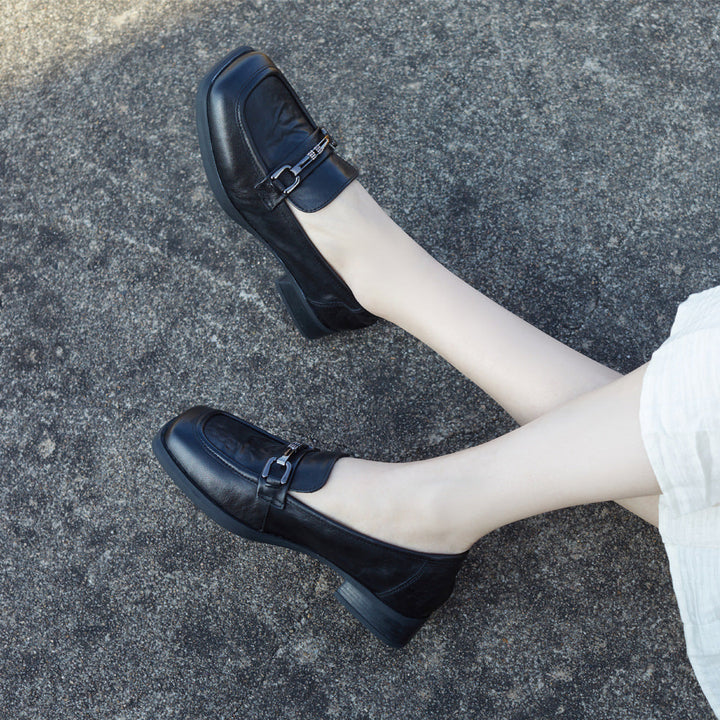 Women's Premium Unlined Leather Loafers - Elegant Metal Buckle Walking Flats