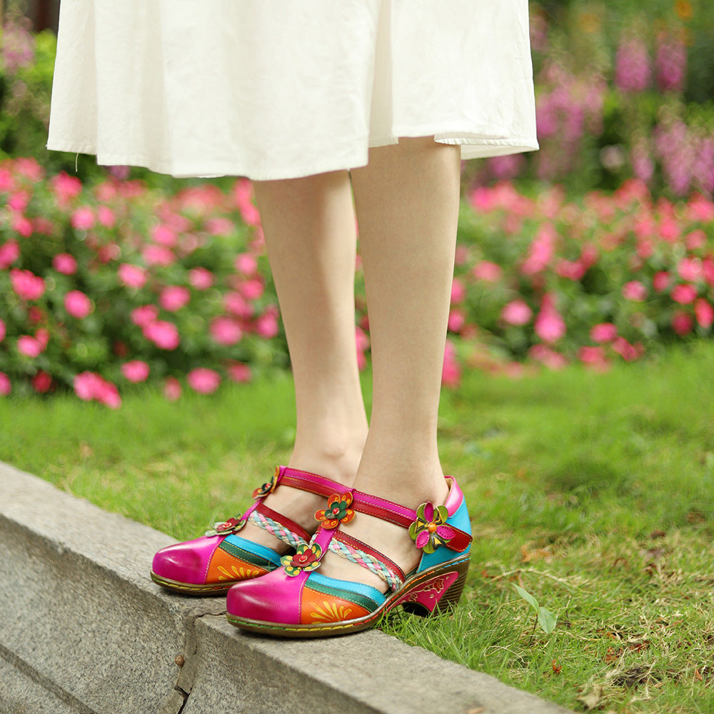 Women's Vintage Floral Sheepskin Sandals T-Strap Buckle Chunky Mid Heel Shoes
