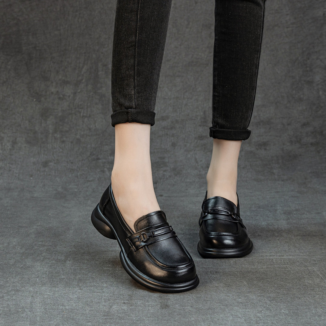 Women's Genuine Leather Loafers Round Toe Slip On Chunky Platform Shoes