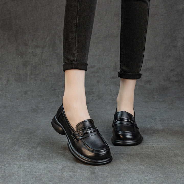 Women's Genuine Leather Loafers Round Toe Slip On Chunky Platform Shoes