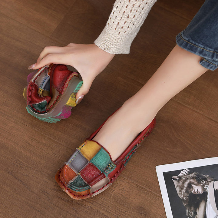 Women‘s Retro Cowhide Loafers Vintage Round Toe Patchwork Slip-on Driving Flats