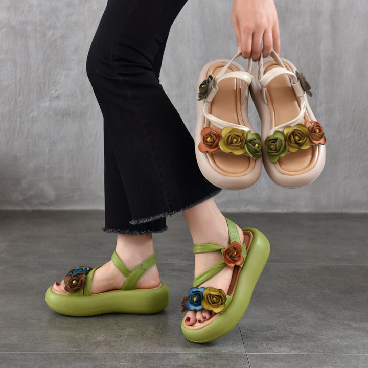 Women’s Floral Leather Summer Sandals – Lightweight Boho Style Platform Shoes