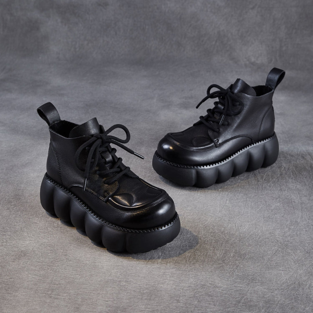 Women’s Retro Round Toe Leather Lace-Up Ankle Boots – Chunky Platform
