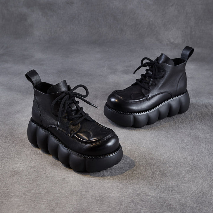 Women’s Retro Round Toe Leather Lace-Up Ankle Boots – Chunky Platform