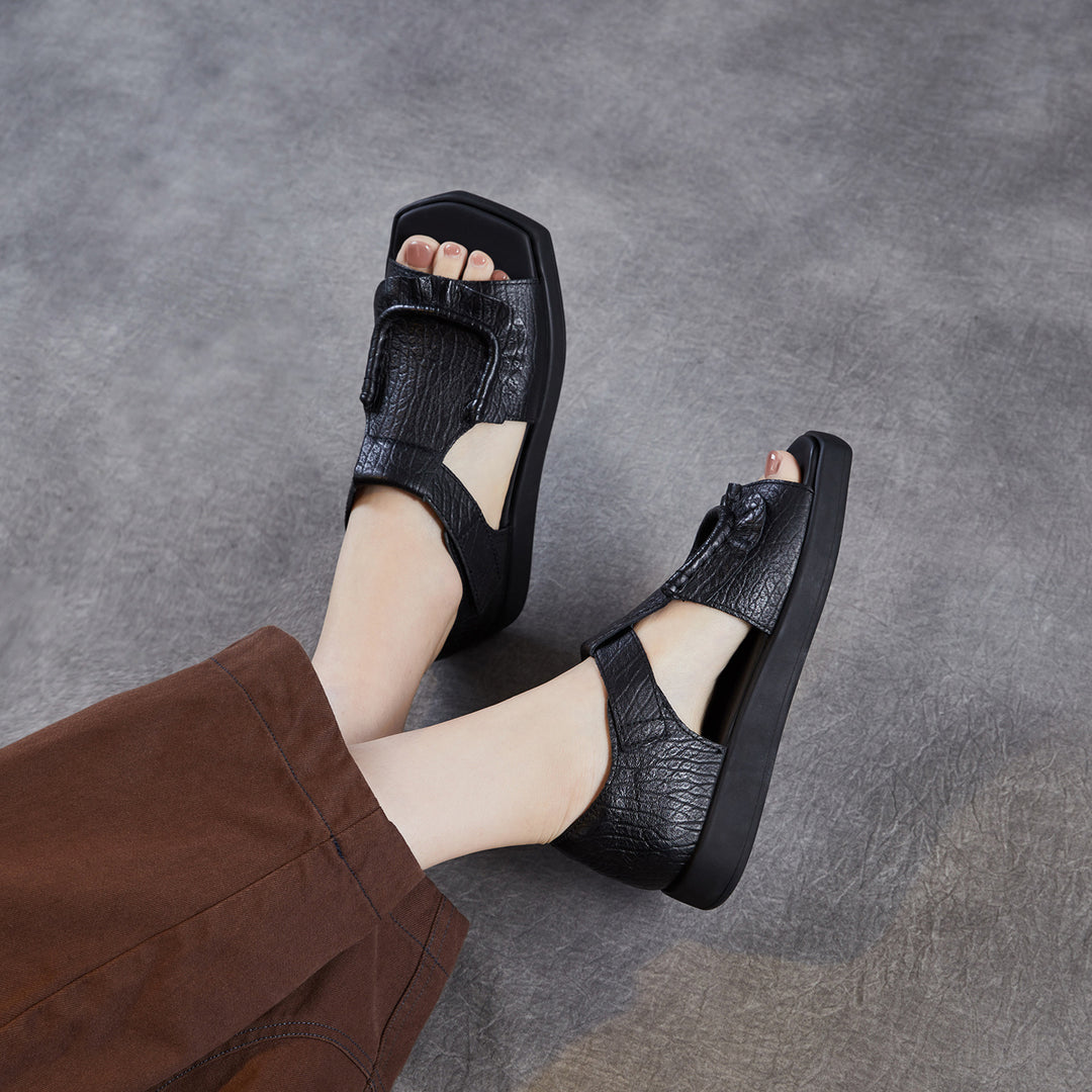 Women's Square Toe Platform Sandals Open Toe Retro Velcro Leather Ruffled Casual Summer Flats