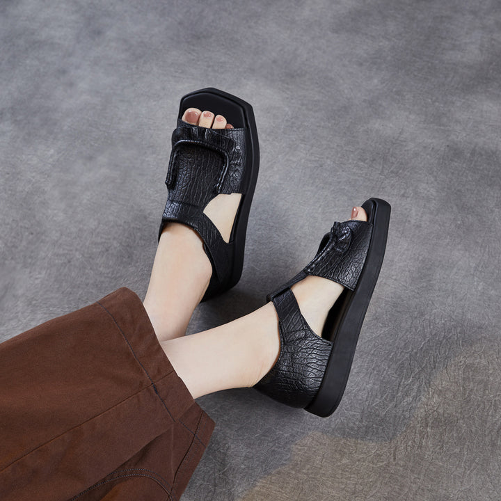 Women's Square Toe Platform Sandals Open Toe Retro Velcro Leather Ruffled Casual Summer Flats