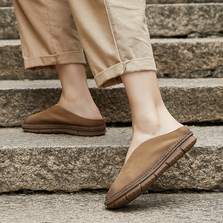 Women's V-Cut Soft Leather Flat Mules – Retro Minimalist Style