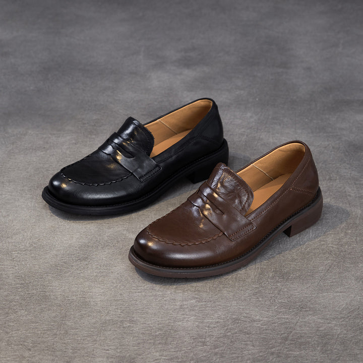 Women's Genuine Leather Penny Loafers Vintage Slip-on Round Toe Low Heel Shoes