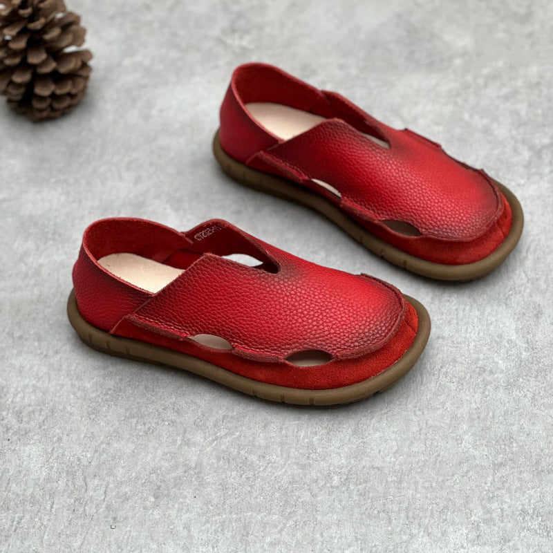 Women's Soft Pebble Grain Leather Loafers - Cut-Out Closed Round Toe Slip-On Flat Sandals Comfort Walking Shoes