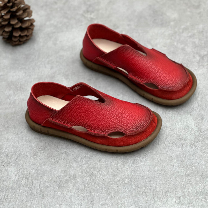 Women's Soft Pebble Grain Leather Loafers - Cut-Out Closed Round Toe Slip-On Flat Sandals Comfort Walking Shoes