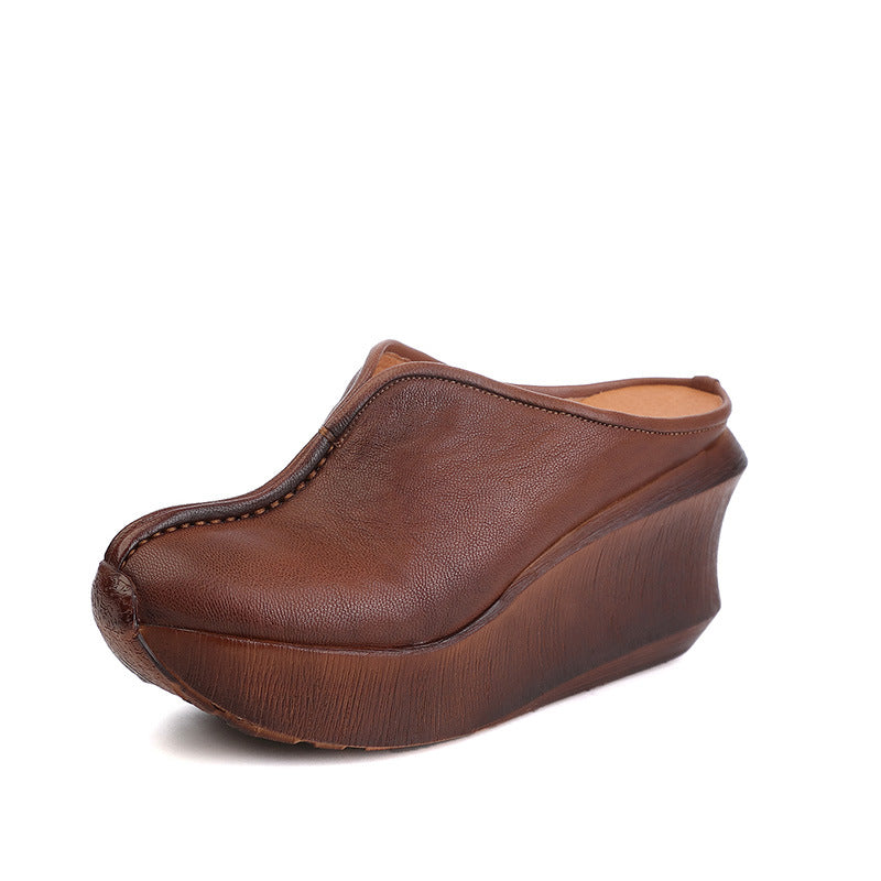 Women's Platform Mules - Premium Cowhide & Sheepskin - Summer Wedge Heels