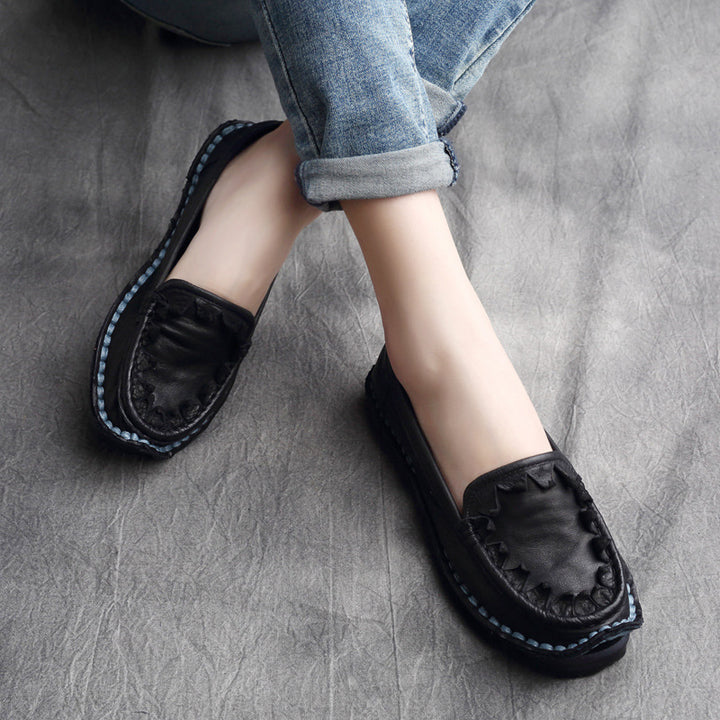 Womens Handmade Retro Leather Loafers Flat Shoes