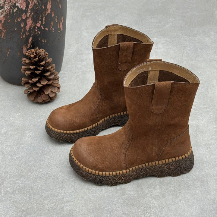Women's Genuine Leather Mid-Calf Boots Vintage Round Toe Slip-on Winter Shoes
