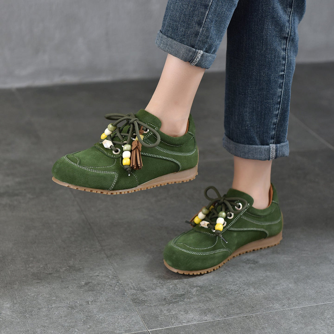 Women’s Spring Retro Beaded Leather Sneakers – Casual Lightweight Shoes