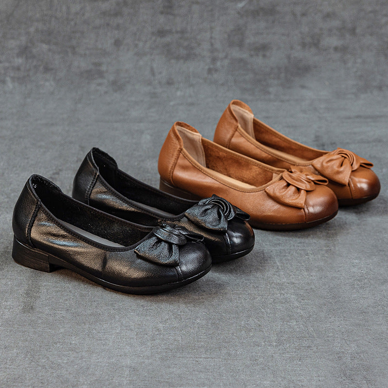 Women's Genuine Leather Bowknot Ballet Flats Round Toe Slip On Low Heel Walking Shoes