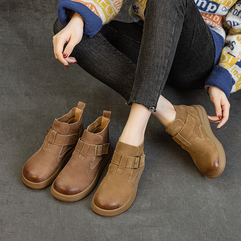 Women's Vintage Leather High-Top Ankle Boots – Buckle Strap Casual Style