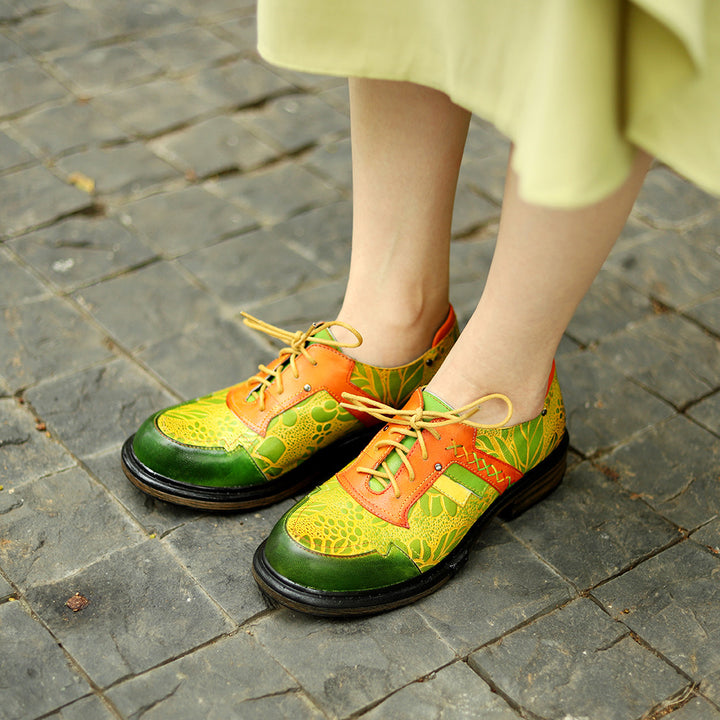 Sheepskin Leather Colorful Patchwork Flat Lace-up Women's Shoes