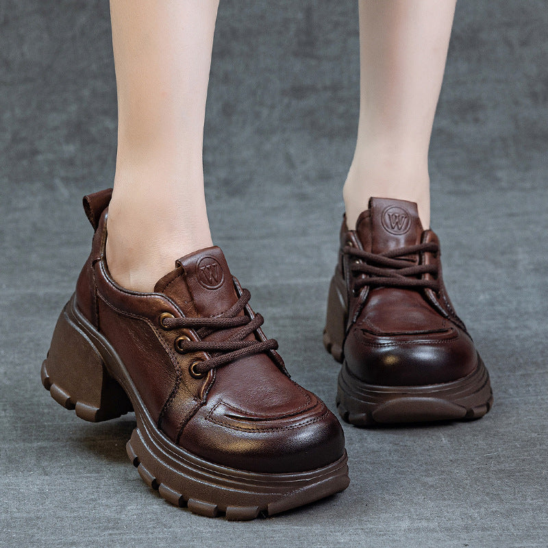Women's Platform Genuine Leather Sneakers Chunky Heel Lace Up Casual Oxfords