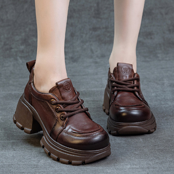 Women's Platform Genuine Leather Sneakers Chunky Heel Lace Up Casual Oxfords