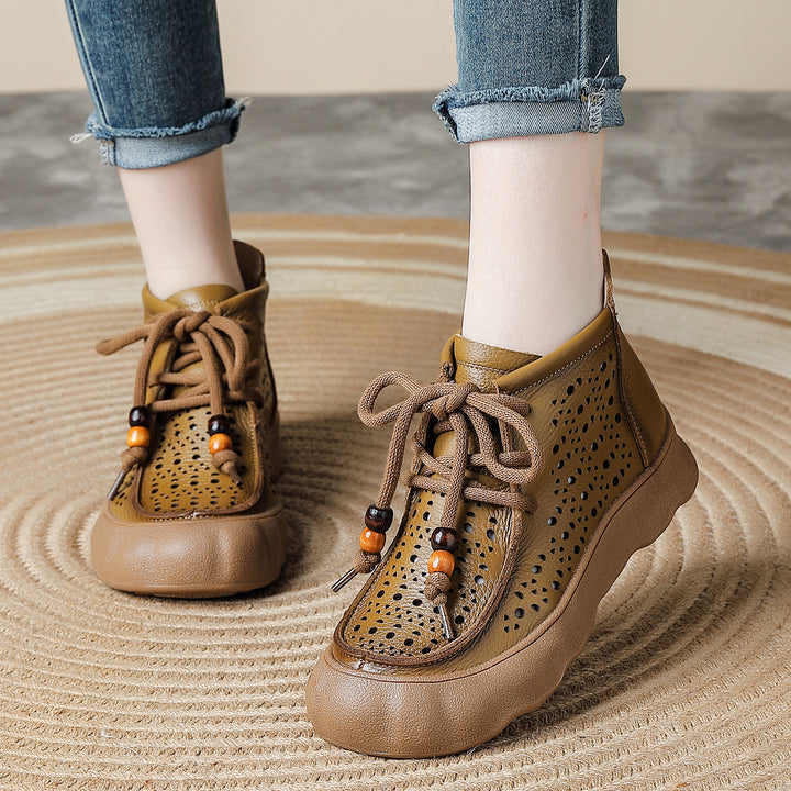 Women's Leather Ankle Sandals Boots Retro Lace-Up Vintage Hollow-Out Casual Summer Flats