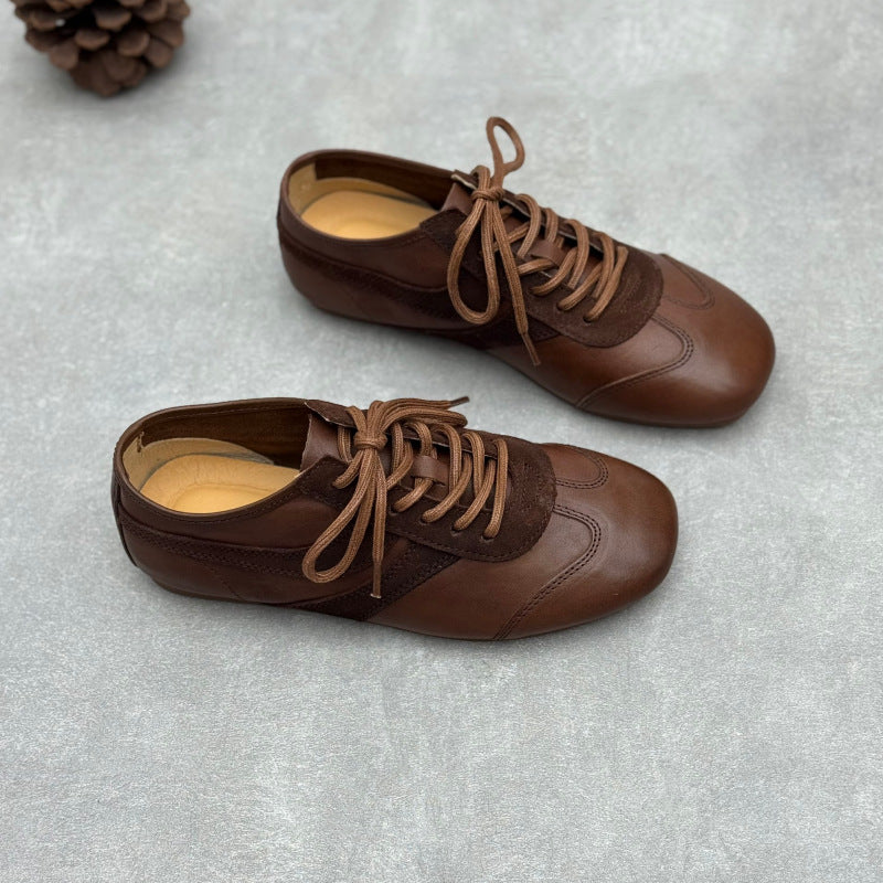 Women's Retro Washed Leather Sneakers Vintage Lace-up German Trainer Flats