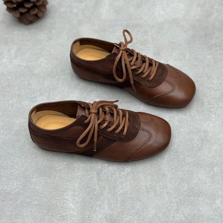 Women's Retro Washed Leather Sneakers Vintage Lace-up German Trainer Flats