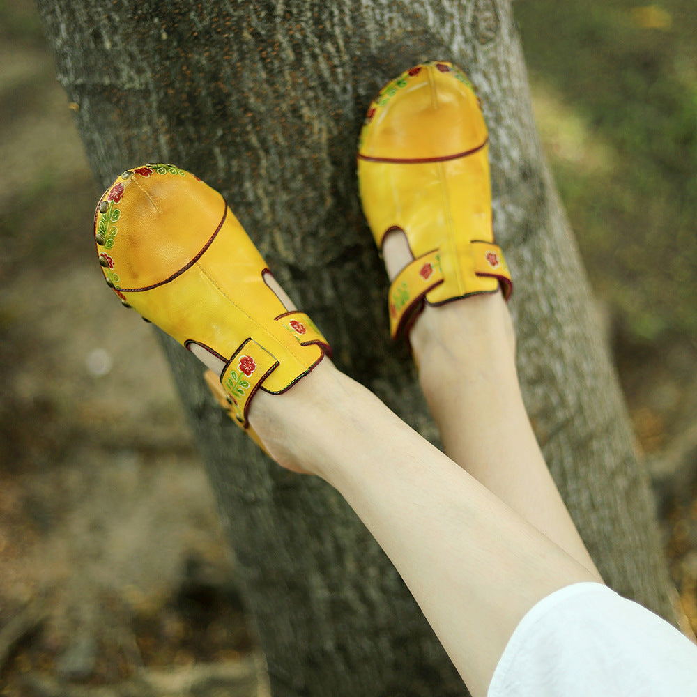 Boho Artisan Leather Mules for Women - Floral Printed Summer Sandals with Unique Studded Heel