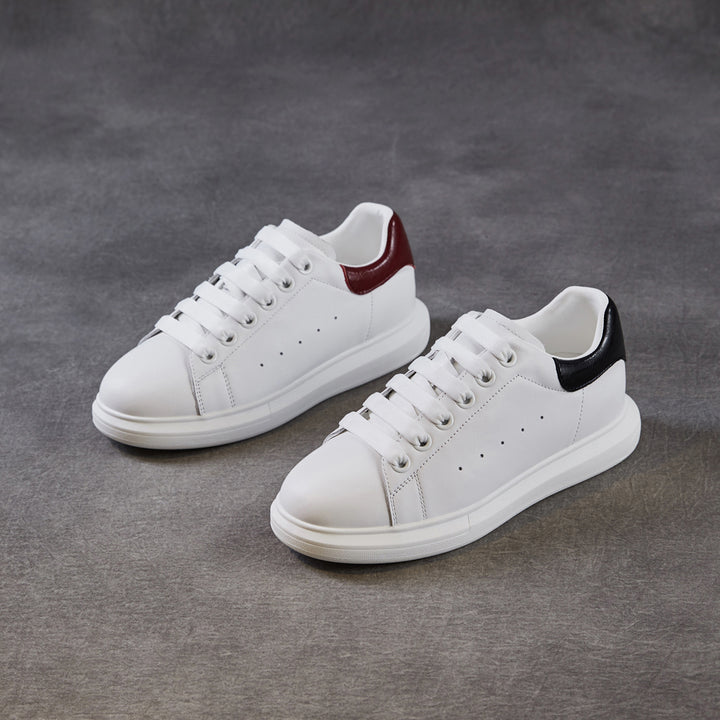 Women's Leather Casual Sneakers Spring Fall Round Toe Lace-up Platform Shoes