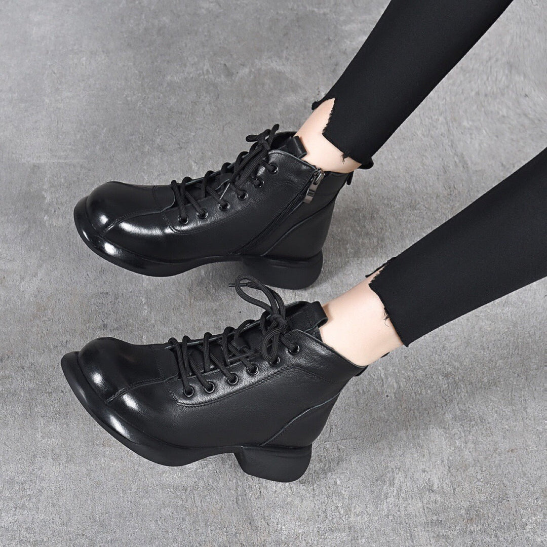 Women’s Vintage Leather Lace-Up Ankle Boots – Mid Heel Side Zip Design
