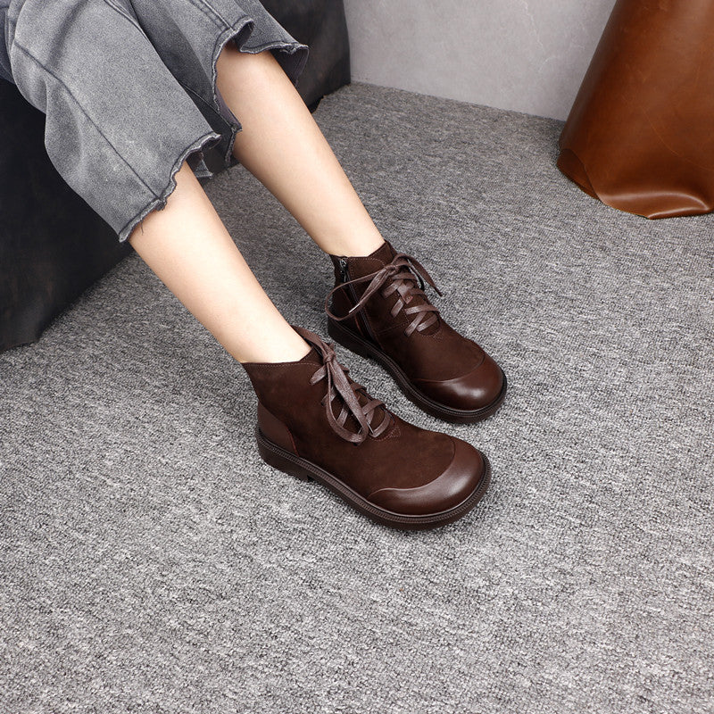 Women's Vintage Genuine Leather Ankle Boots Lace Up Side Zipper Flat Booties