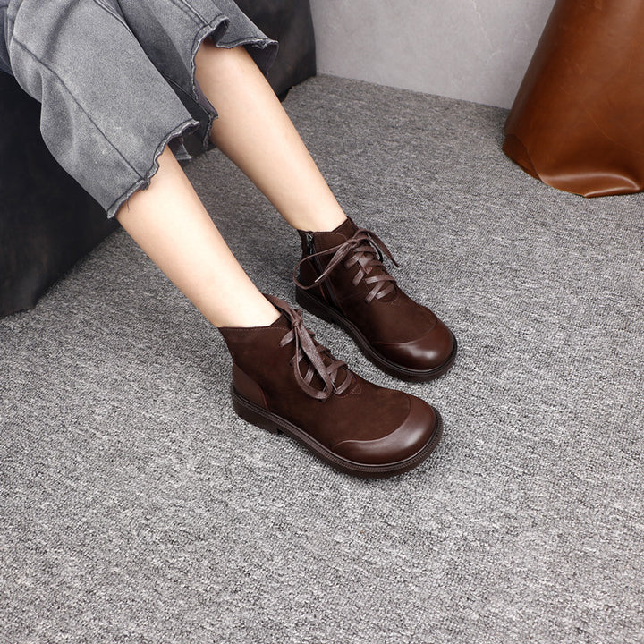 Women's Vintage Genuine Leather Ankle Boots Lace Up Side Zipper Flat Booties