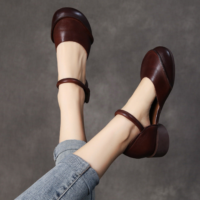 Women’s Genuine Leather Closed Toe Sandals – Retro Low Block Heel Velcro Shoes