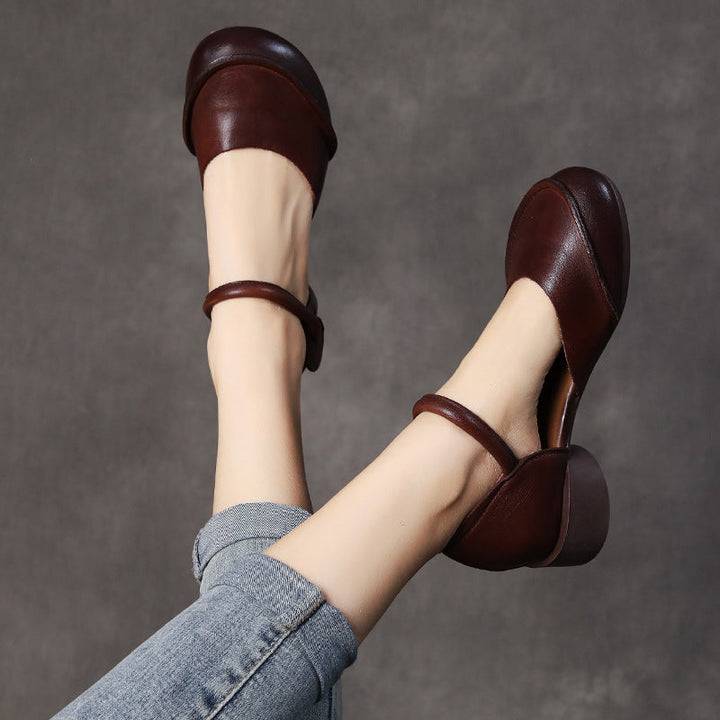 Women’s Genuine Leather Closed Toe Sandals – Retro Low Block Heel Velcro Shoes