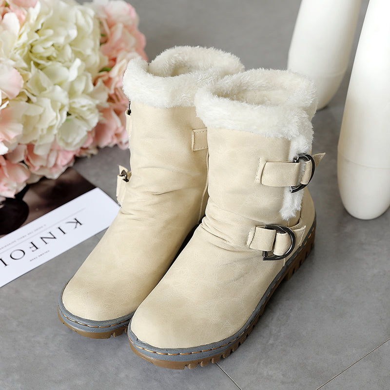 Womens Snow Boots Flats Fur Warm Winter Buckle Slip on Shoes