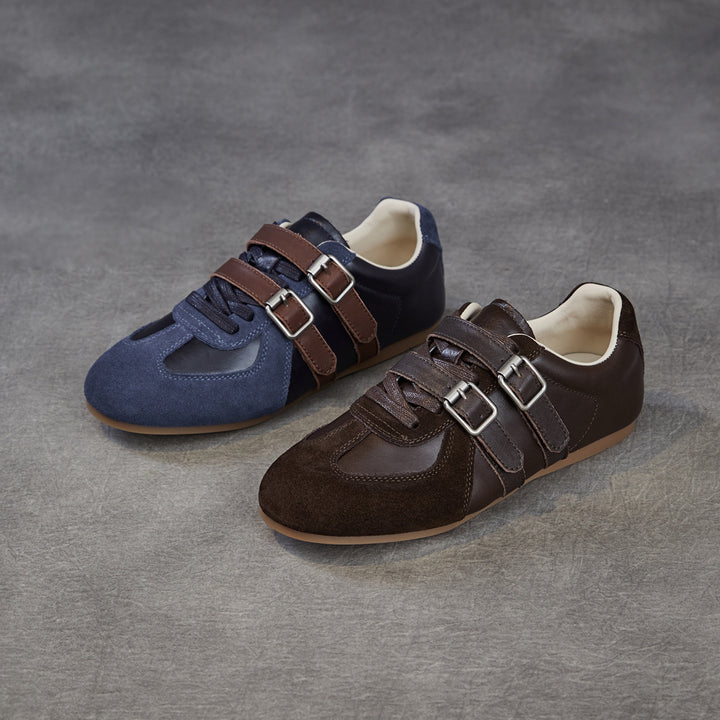 Women's Genuine Leather Double Buckle Strap Sneakers Retro Slip-on Flat Shoes