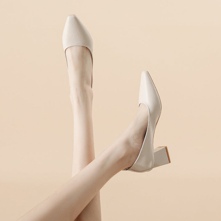 Women's Leather Pointed Toe Minimalist Mid Heel Pump
