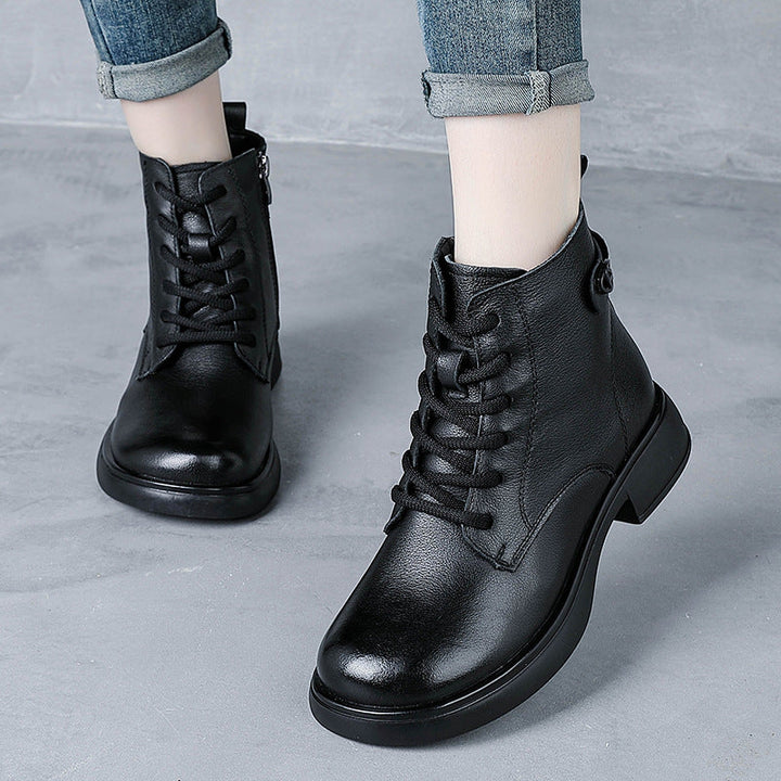 Women’s British Style Leather Lace-Up Ankle Boots – Retro Block Heel Boots