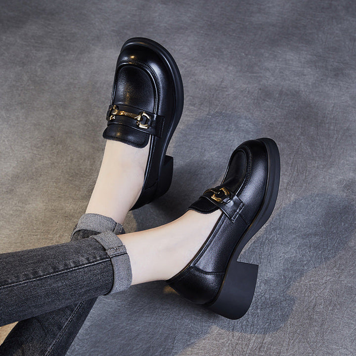 Women's Genuine Leather Loafers – Mid Heel Slip-On Shoes with Metal Accent