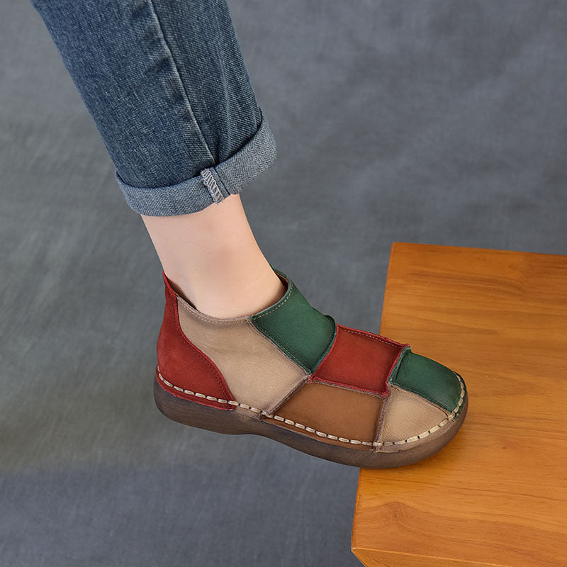 Women's Vintage Patchwork Leather Ankle Boots Hand-Stitched Flat Booties Zipper