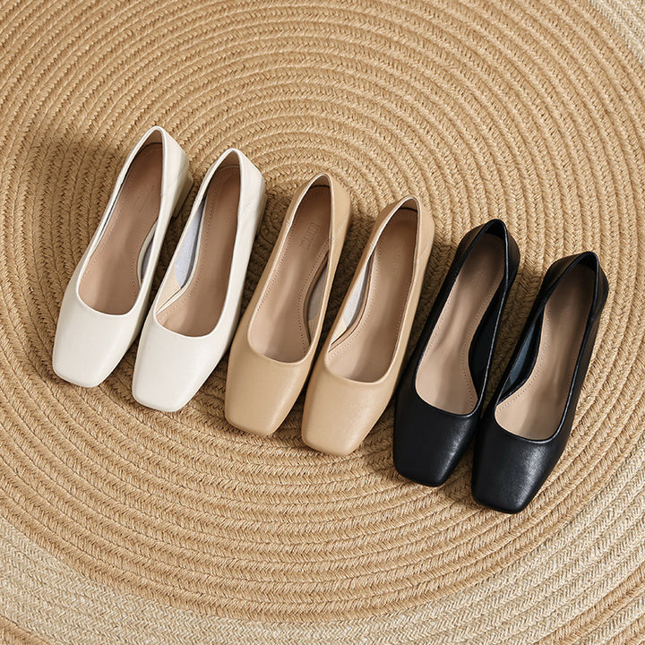 Women's Soft Leather Pumps - Square Toe Low Block Heel Dress Shoes Casual Slip-On Loafers