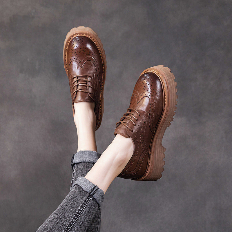 Women's British Style Brogue Oxfords - Genuine Leather with Chunky Sole