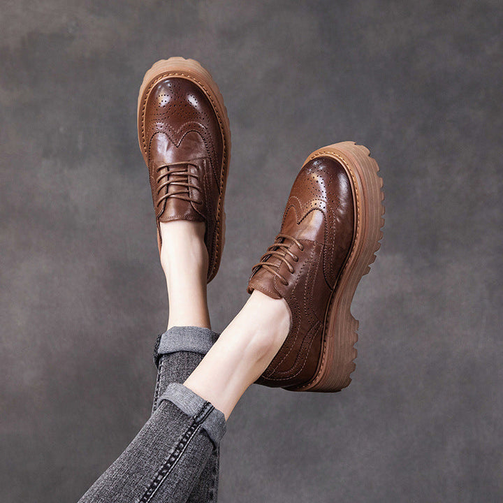 Women's British Style Brogue Oxfords - Genuine Leather with Chunky Sole