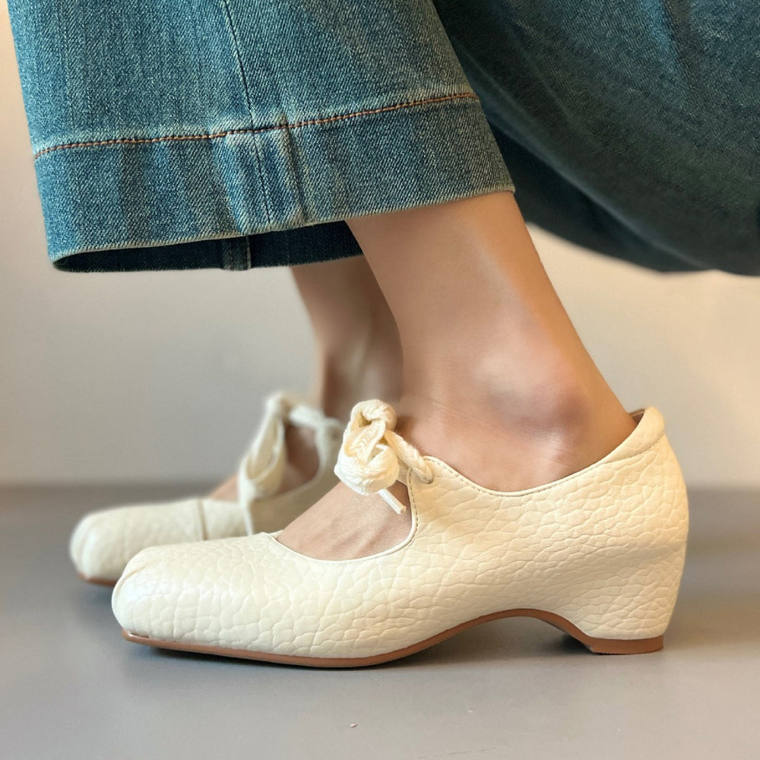 Women's Lychee Pattern Leather Ballet Flats - Square Toe Ribbon Lace-Up Mary Jane Pumps