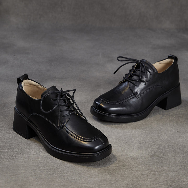 Women's Top-Grain Leather Oxford Shoes Chunky High Heel Lace Up Platform Pumps
